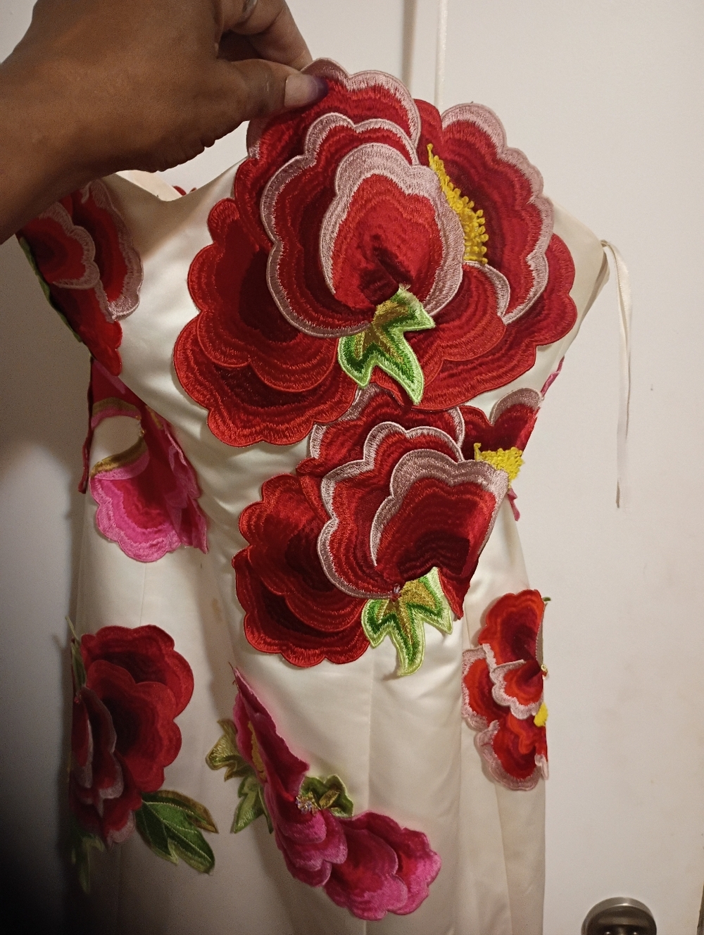 Cream Dress with Bold Red Floral Appliqués